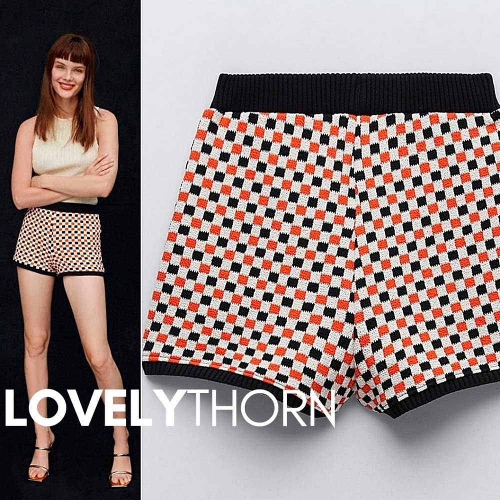 ZARA // ltd retro-chic orange black white checkered jacquard stretch knit shorts